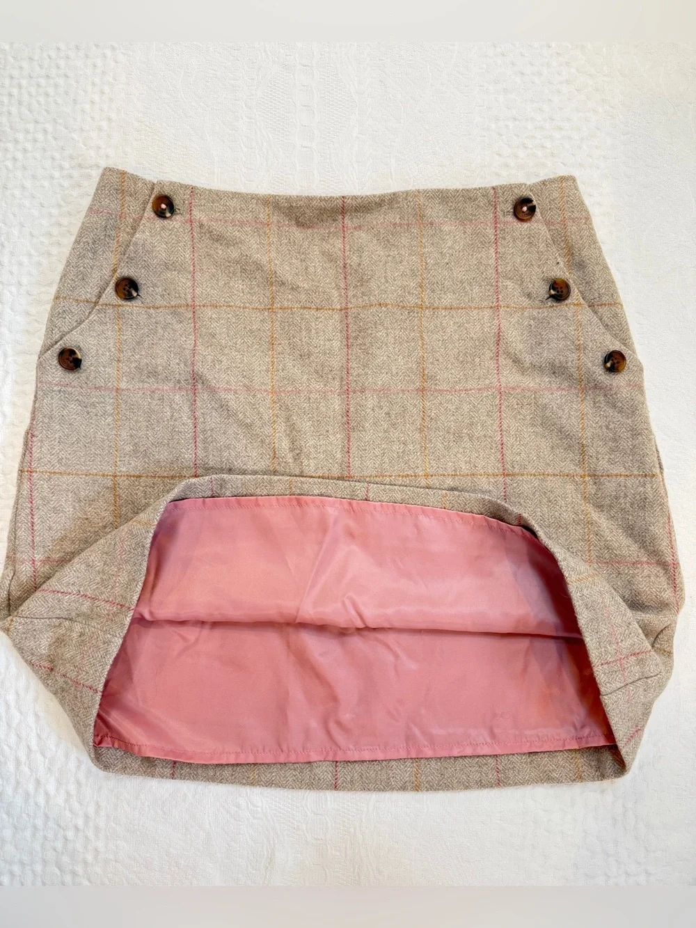 Joules Ladies Calla Grey Tweed Wool Blend Skirt Buttons Size US 8 UK 12